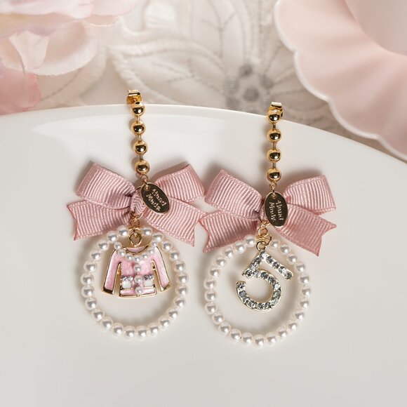 NEW Handmade Baby Pink Bow Dangle Earrings with Tweed Jacket & Rhinestone 5 - Picture 1 of 2